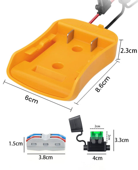 Ride On Car Conversion Kit With 20V Tool Battery Adapter For 12V To 24V Toys, heavy-duty yellow base, connectors and fuse