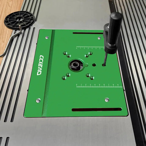 Heavy Duty Aluminum Router Table Insert Plate With Precise Cnc Milled Smooth Surface And Clear Laser Etched Scale Marks shown from above with green color.