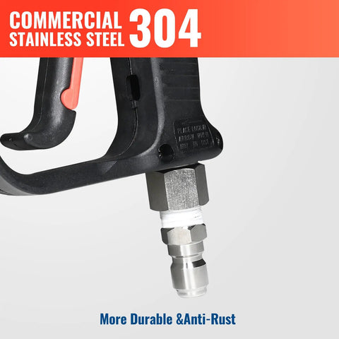 Close-up of the Beefed Up Pressure Washer Gun 5000 PSI Stainless Steel Swivel Inlet with commercial steel 304, highlighting durability.