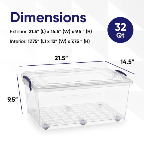 Stackable Plastic Storage Bins With Lids Clear Organizing Containers Bpa Free Heavy Duty Tubs Wheeled Base Home Office Dorm Closet Systems Eight Pack Thirty Two Quart Capacity Slick Design And Built Tough For Zero Stress Organizing