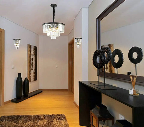 Elegant hallway with Black Crystal Wall Sconce With 4 Tier Crystal Display Modern Wall Light Fixture on the wall