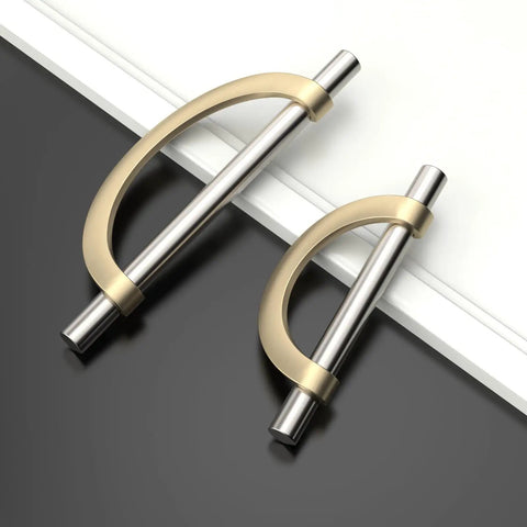 10 Pack Brushed Satin Nickel And Gold Cabinet Pulls With 5 Inch Hole Centers Prime Kitchen Drawer Handles and Cupboard Hardware, polished finish viewed on a dark surface.