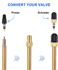 Image showing conversion process for Presta and Schrader valves in All In One Valve Core Repair Kit With Presta Tubeless Caps Core Removal Tools And Adapters 26 Piece Set With Black Tire Valve Caps For Cars Bikes Motorcycles And More Ready For Quick Fixes.