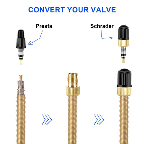 Image showing conversion process for Presta and Schrader valves in All In One Valve Core Repair Kit With Presta Tubeless Caps Core Removal Tools And Adapters 26 Piece Set With Black Tire Valve Caps For Cars Bikes Motorcycles And More Ready For Quick Fixes.