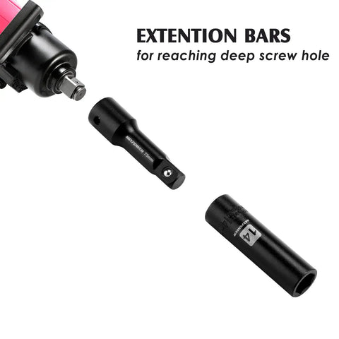 1/2 Inch Drive Deep Impact Socket Set Built Tough With CR-V Steel, extension bars for deep screw holes on display