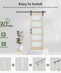 Glass Sliding Barn Door Slab 30x84 Inches With 5ft Hardware Kit Included, Frosted 5 Panel Glass, Spruce Wood Frame, easy installation guide.
