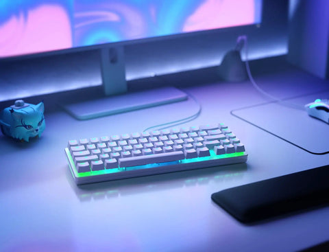 Solid Flex Compact Mechanical Gaming Keyboard With Heavy Aluminum Build Smooth Fox Switches Bright Per Key Rgb on a sleek desk.