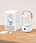 Compact Portable Mini Washing Machine For Dorm Life And Getaways Cordless Electric Washer For Underwear Socks And Baby Gear With Quick Type C Charging, packaged with instruction manual and power cord.