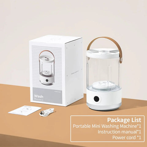Compact Portable Mini Washing Machine For Dorm Life And Getaways Cordless Electric Washer For Underwear Socks And Baby Gear With Quick Type C Charging, packaged with instruction manual and power cord.
