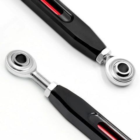 Two Tone Black And Red Anodized Shifter Linkage For Harley 86 Up FL Softail And Touring Adjustable From 11.6 To 13.2 Inches With Two Five Sixteenth Inch Heim Joints Compatible With 86 Up Softail And Touring, black red linkage close-up