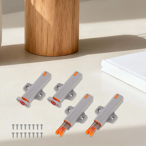 Heavy Duty Push To Open Door Latches For RV Cabinets And Closets Non Magnetic Touch Release Opener 4 Pack With 16 Screws Hidden Cupboard Drawer Catch Gray, product display on a table.