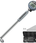 Pro Grade Deep Engine Cylinder Bore Gauge Set With Digital Indicator, self-centering dial, carbide anvils, insulated grips, and case.