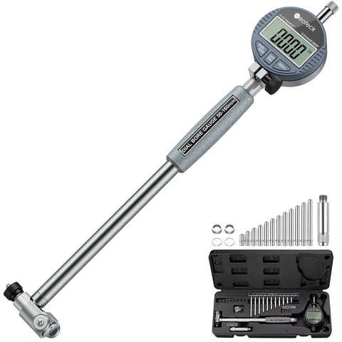 Pro Grade Deep Engine Cylinder Bore Gauge Set With Digital Indicator, self-centering dial, carbide anvils, insulated grips, and case.