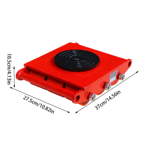 Heavy Duty Machinery Mover Skate Dolly With 15T Capacity showing red steel roller, dimensions 10.5cm height, 27.5cm width, 37cm length.