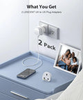 UK To US Plug Adapter 2 Pack Go-To Grounded Travel Converter for Travelers on a blue shelf with devices and a photo frame.