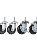 Replacement Rubber Caster Wheels For Wire Shelving Set Of Four Heavy Duty Leveling Feet For Kitchen And Garage Shelves Universal Threaded Rod Compatibility One Quarter Inch Five Sixteenths Inch And Three Eighths Inch Fits Pusalxl Shelf visible in image set of four casters with metal frames and black rubber wheels.