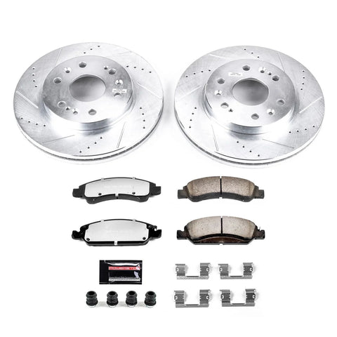 PowerStop front brake kit in front view with drilled/slotted rotors and carbon-ceramic pads.
