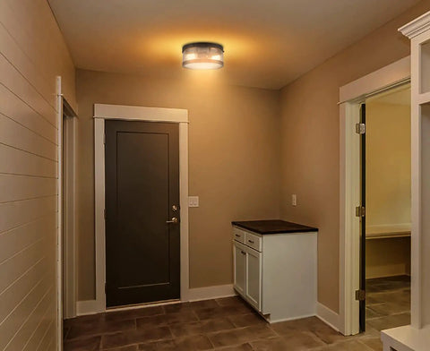 Black Drum Flush Mount Ceiling Light Fixture With Seeded Glass Creates Rustic Farmhouse Vibe For Porch Hallway And Bedroom Perfect For Any Space With Warm Glow And Industrial Charm