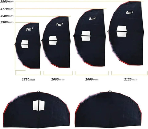 Various sizes of Inflatable Wing Surfing Kit For Wind Wing Foiling And Surfing Portable Surfboard Sail displayed with measurements.