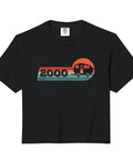 Vintage Born In 2000 Camper RV Crop Top For Camping Lovers with retro caravan graphic on dark fabric.