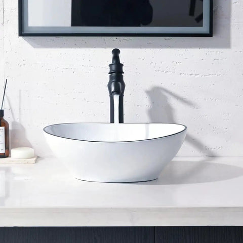 16 Inch Oval Bathroom Vessel Sink And Brushed Nickel Faucet Combo In White Ceramic Porcelain Above Counter Design With Pop Up Drain Vanity Sink Set For A Sleek Modern Bathroom Upgrade And Easy Install displayed in a modern bathroom setting.