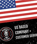 Front view: Harvey's ATV Parts logo on black textured background with US flag and US BASED COMPANY + CUSTOMER SERVICE