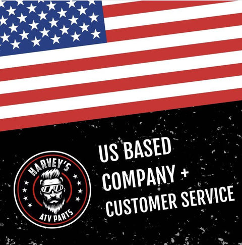 Front view: Harvey's ATV Parts logo on black textured background with US flag and US BASED COMPANY + CUSTOMER SERVICE