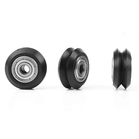 V Groove Wheel Set, 20 Pieces, 5mm Bore, 625 Bearing, 3D Printer CNC Pulley Accessories showing three Delrin plastic rollers