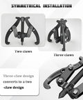 Heavy Duty Carbon Steel Three Jaw Reversible Gear And Bearing Puller showing two and three claw configurations for automotive use.