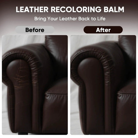 Easy Swipe Leather Recoloring Balm For Faded Leather Scratch Repair And Color Restore On Couches Car Seats Auto Interiors Vinyl And Furniture In One 10 Oz Dark Brown before and after application on brown couch