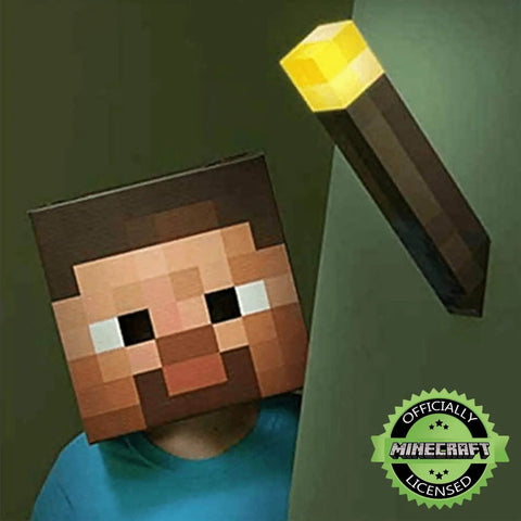Brownstone Torch Lamp 11.5 Inch LED Night Light With USB Charging Port Wall Mount Corner Piece next to Minecraft mask