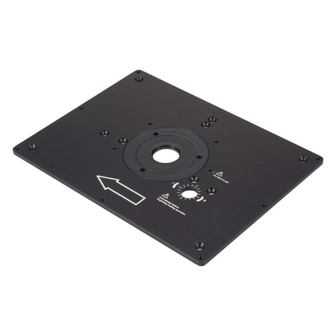Heavy Duty Aluminum Router Table Insert Plate With Dual Snap Lock Rings For Custom Built Workbenches showing rigid black surface.