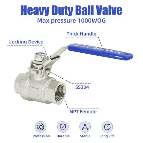 Heavy duty 1/2 inch stainless steel 304 ball valve with NPT female full port, locking device, for water, oil, gas, 1000 WOG.