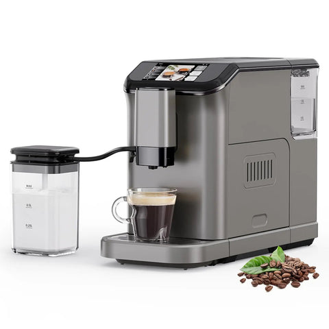 Fully Automatic Espresso Machine With Integrated Burr Grinder And Double Boiler System, sleek gunmetal build with coffee cup.