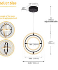 Modern LED Chandelier With Adjustable Lit Three Ring Round Design In Black And Gold 3000K Warm White Light size diagram