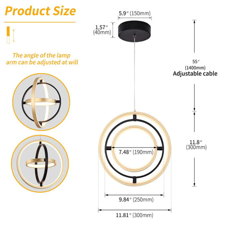 Modern LED Chandelier With Adjustable Lit Three Ring Round Design In Black And Gold 3000K Warm White Light size diagram