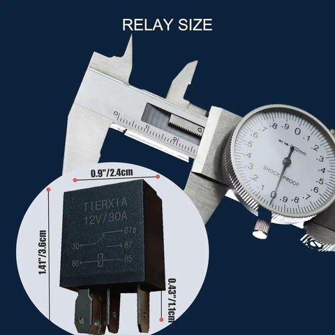 Dial caliper measuring 12V 30A 5 Pin SPST automotive relay dimensions for harness kit, two pack manual relay replacement.
