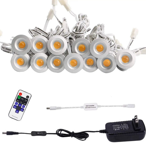 Linkable LED Under Cabinet Lights 12V Recessed Mini Downlights Kit Dimmable With Remote Control ETL Listed Wall Plug shown.