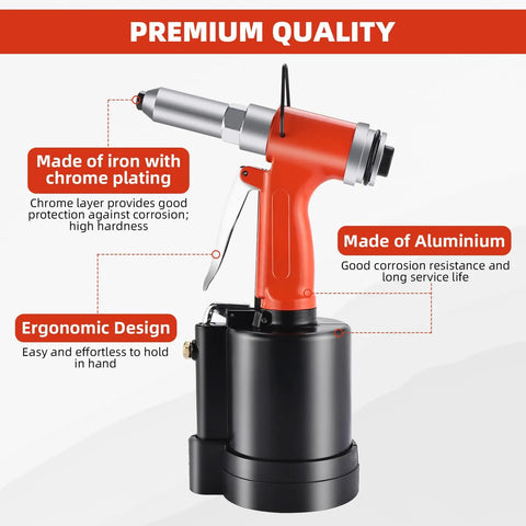 Heavy Duty Pneumatic Pop Rivet Gun And Air Riveter Tool For Fastener Assembly Lightweight Aluminum Body, ergonomic design for easy handling.