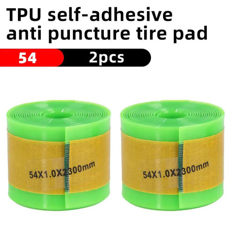 Pair of green TPU Bike Tire Liner No Flat Shield rolls for 12 to 29 inch tires, 54mm width, universal fit for MTB road hybrid bikes