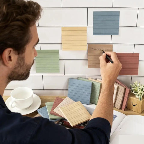 Man writing on 3x3 inch lined sticky notes with ultra strong no slip adhesive, ideal for office use, on tiled wall.
