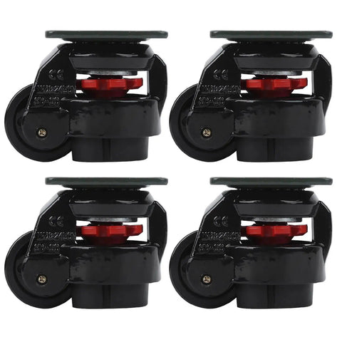 Built Different Heavy Duty Level Adjustable Roller Casters, 1100 Lb Capacity Machine Movers, four black wheels with red accents.