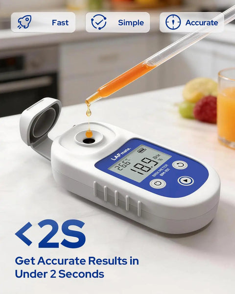 Digital Refractometer 0-55 Brix with ATC and IP65 Water Resistance, Ultra Fast Two-Second Readouts, Accuracy to 0.2 Percent, Perfect For Juices, Wine, Coffee, Home Brew And Kitchen Lab Testing on counter with sample liquid