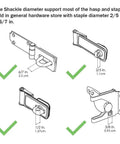 Diagram showing staple and hasp compatibility for 4th Gen Outdoor Heavy Duty Beefed Up Smart Padlock Weatherproof Rugged Design.