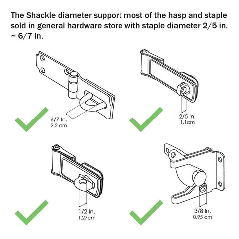 Diagram showing staple and hasp compatibility for 4th Gen Outdoor Heavy Duty Beefed Up Smart Padlock Weatherproof Rugged Design.