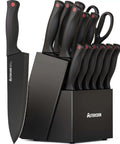 15 Piece Kitchen Knife Set With Built In Sharpener Block German Stainless Steel Blades In Black Wood Block Dishwasher Safe