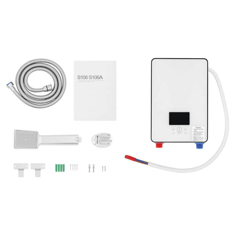 Space Saving Electric Tankless Water Heater With 4500 Watt Element Serving Straight Up Instant Hot Water For Shower Kit components including hose, manual, and installation parts.