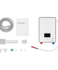 Top Shelf Electric Tankless Water Heater 110V 4500W For Sink And Bath, installation kit including hose and manual.