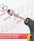 AG-60 Plasma Cutter Torch Consumables Kit showing stand-off guide, nozzle cup, and electrode for easy assembly.