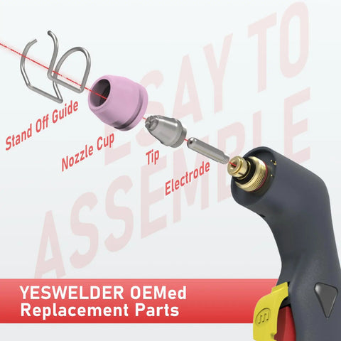 AG-60 Plasma Cutter Torch Consumables Kit showing stand-off guide, nozzle cup, and electrode for easy assembly.